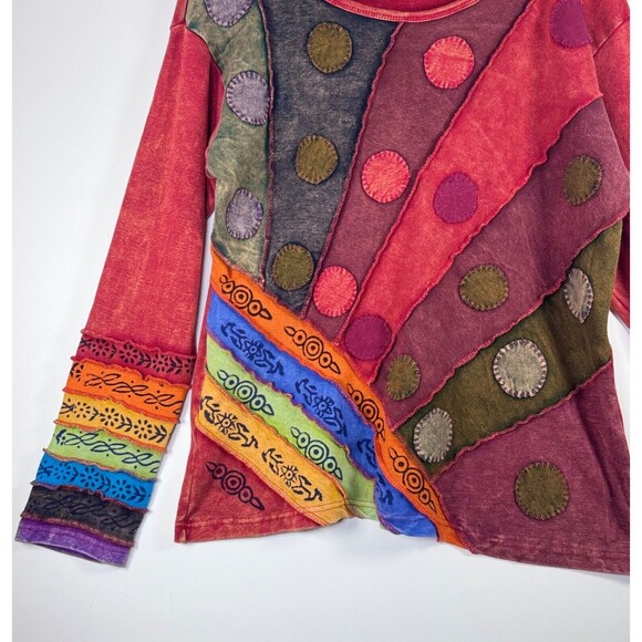 Greater Good Patchwork Boho Top XXL Red Colorful Rainbow Artsy Hippie Raw Edge - Picture 4 of 14